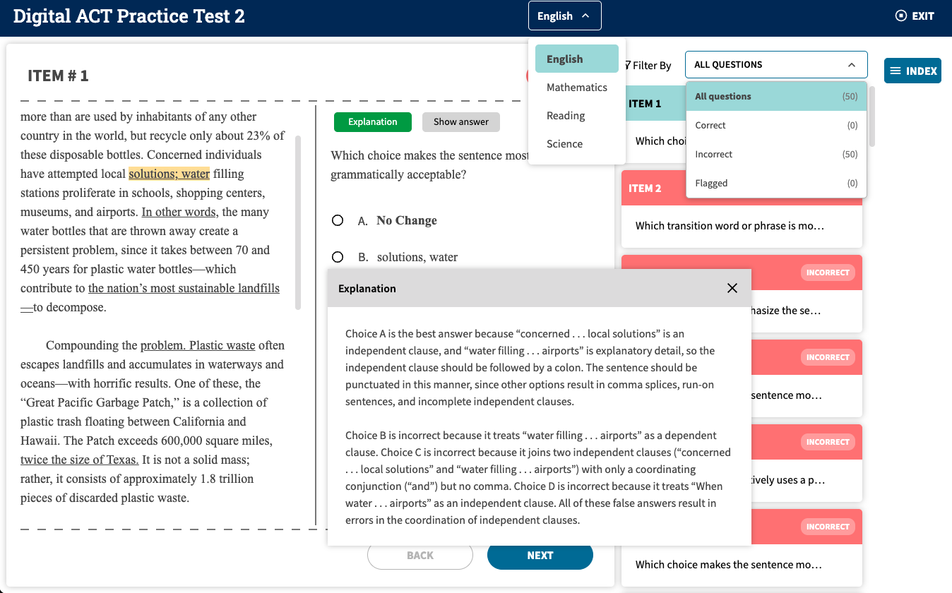 A Digital ACT review screen showing a full written explanation for every answer choice, with a filter for correct, incorrect, and flagged questions