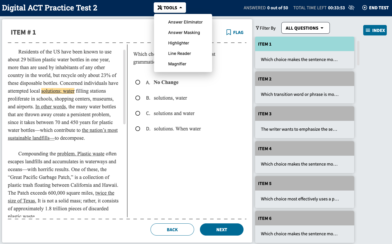 The Digital ACT practice test interface — a reading passage, multiple-choice answers, the Tools menu, and the question index