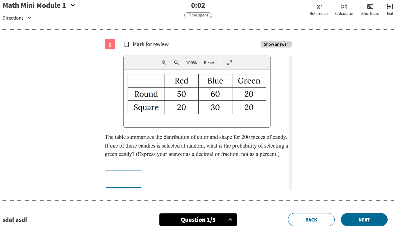Digital SAT Math practice question with a two-way frequency table asking for a probability