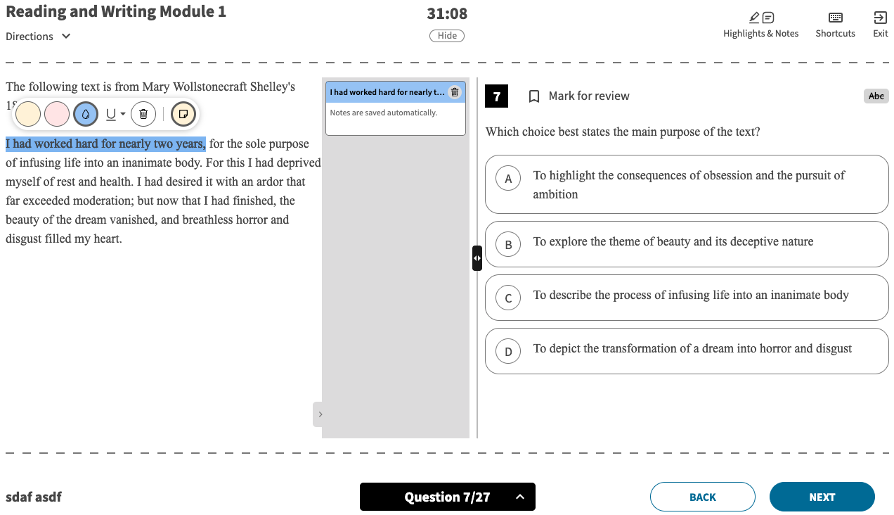A digital SAT practice question in the Bluebook-matched interface with highlighting and note-taking annotation tools open